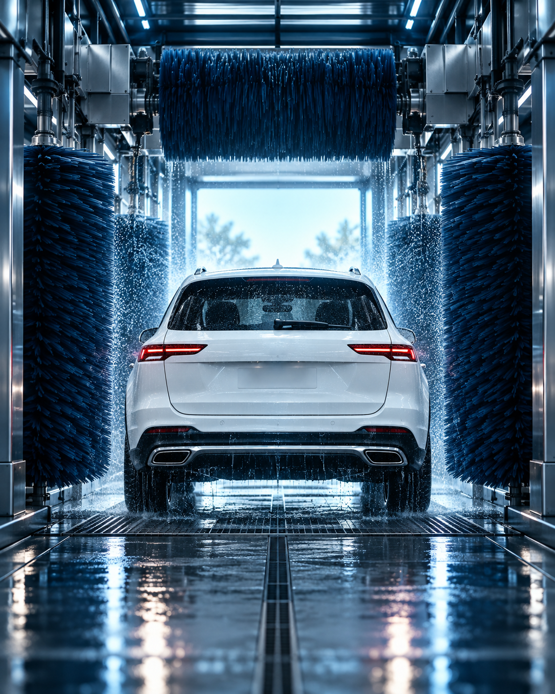 A white SUV moving through a blue car wash tunnel